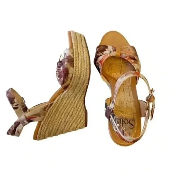 Softt Peggie Platform Wedge Espadrilles Sandals Jute Tan Brown Floral Size 9.5 - Picture 7 of 15